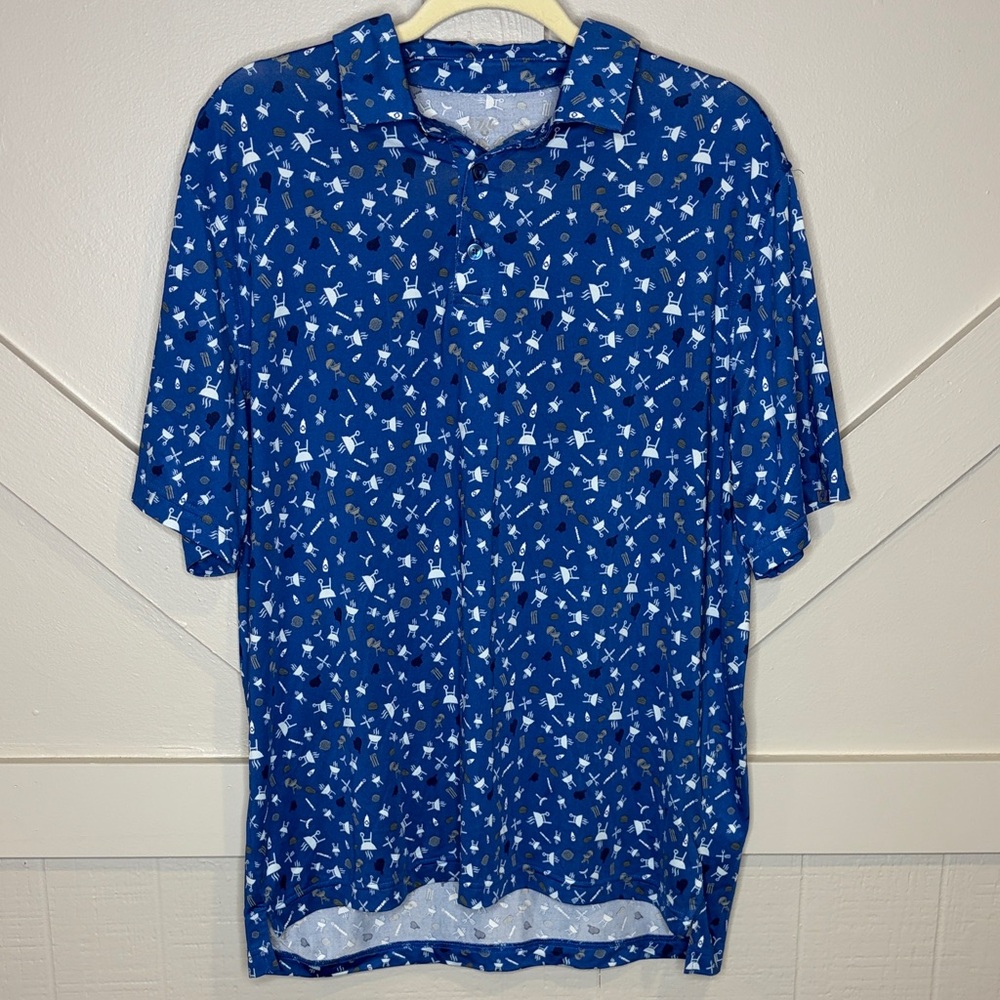 1764 Men's Large Blue Grilling Print Golf Shirt Short Sleeve Outdoors Summer